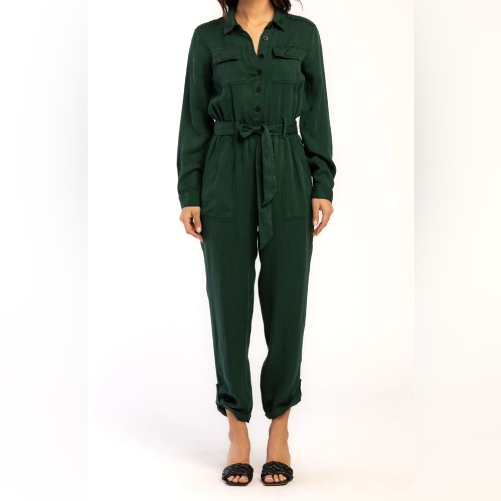 Velvet Heart frenzia Long Slevee utility style Dark Green Jumpsuit button sz xs